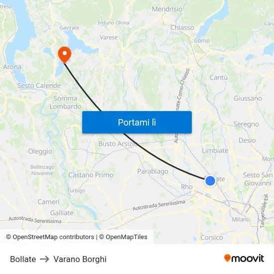 Bollate to Varano Borghi map