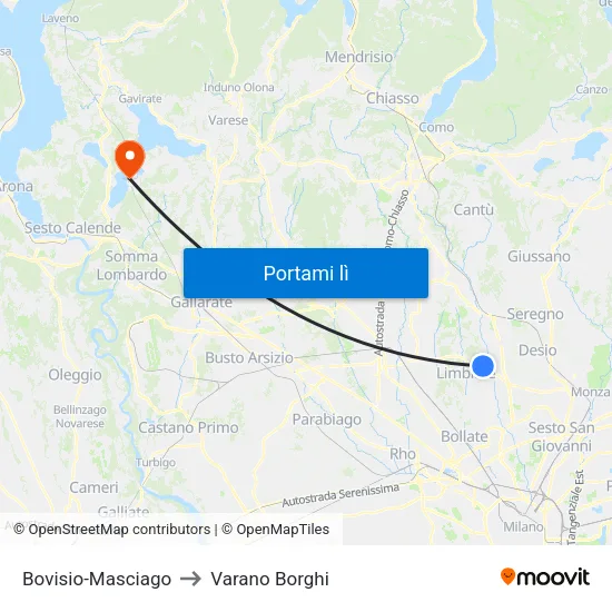 Bovisio-Masciago to Varano Borghi map
