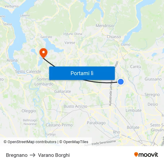 Bregnano to Varano Borghi map