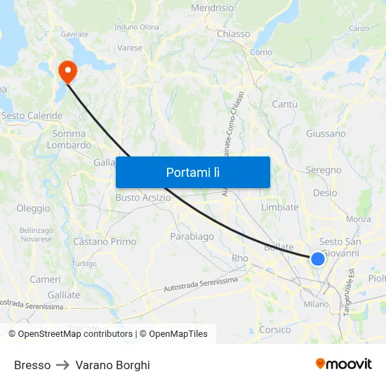 Bresso to Varano Borghi map