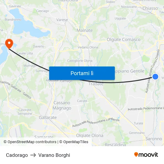 Cadorago to Varano Borghi map
