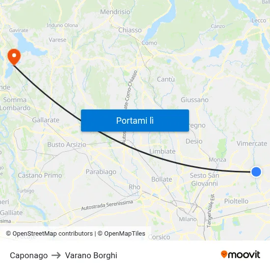 Caponago to Varano Borghi map