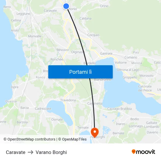 Caravate to Varano Borghi map