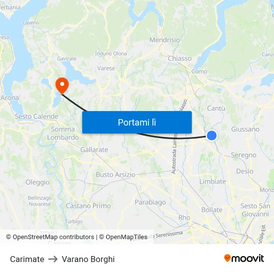 Carimate to Varano Borghi map