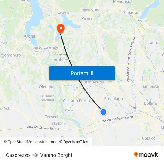 Casorezzo to Varano Borghi map