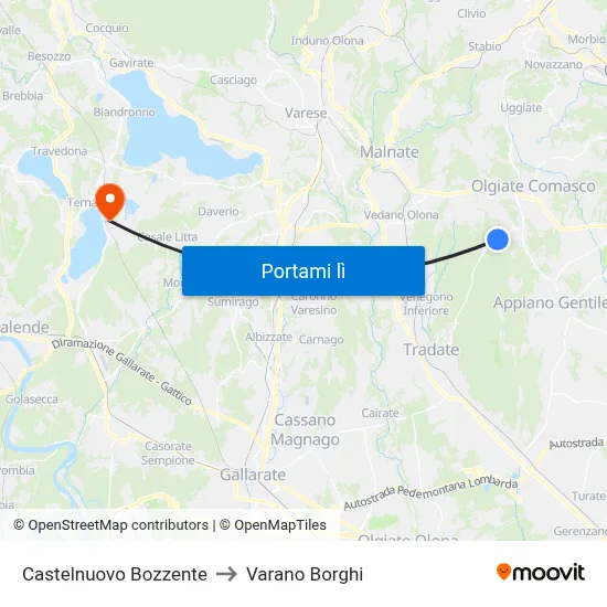 Castelnuovo Bozzente to Varano Borghi map