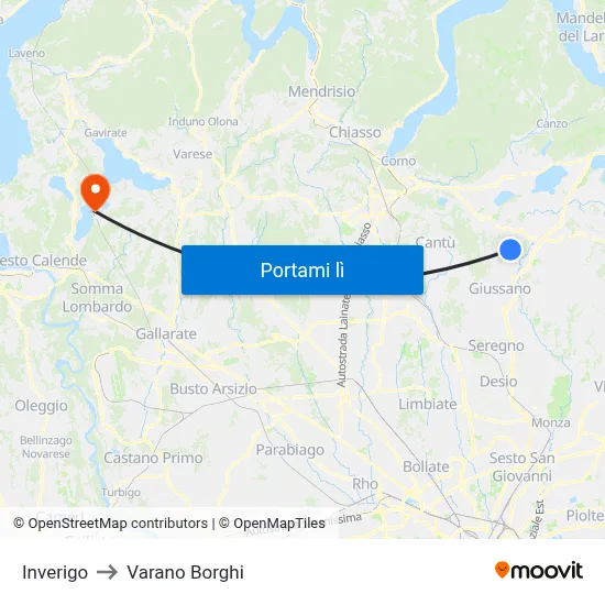 Inverigo to Varano Borghi map