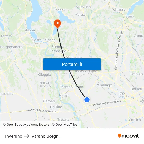Inveruno to Varano Borghi map