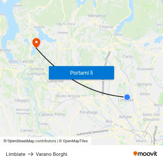 Limbiate to Varano Borghi map