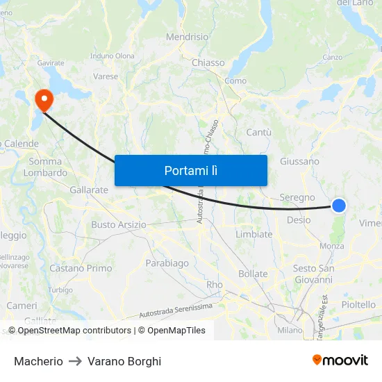 Macherio to Varano Borghi map