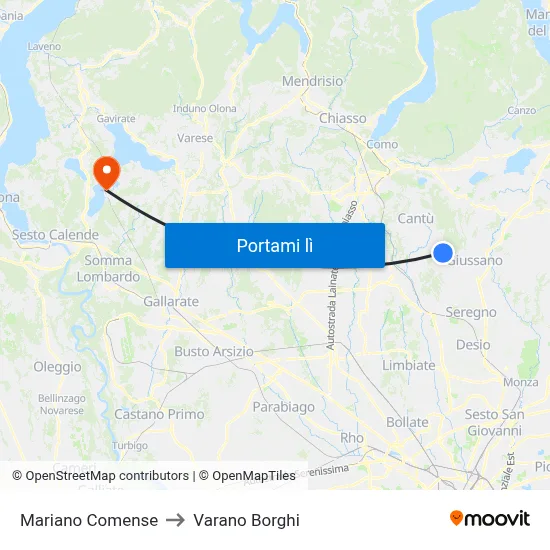 Mariano Comense to Varano Borghi map