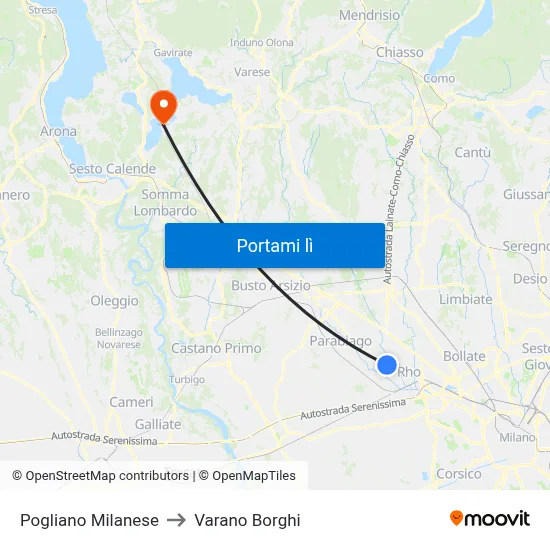 Pogliano Milanese to Varano Borghi map