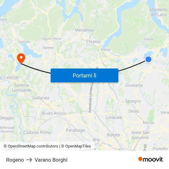 Rogeno to Varano Borghi map