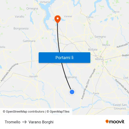 Tromello to Varano Borghi map