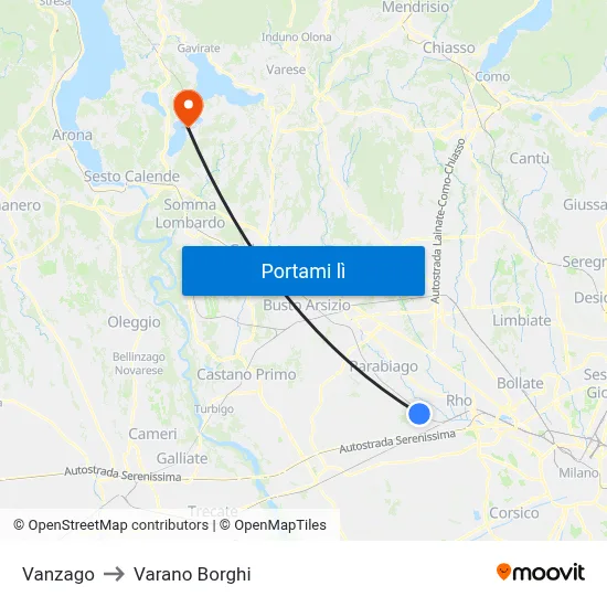 Vanzago to Varano Borghi map