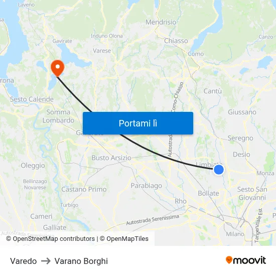 Varedo to Varano Borghi map