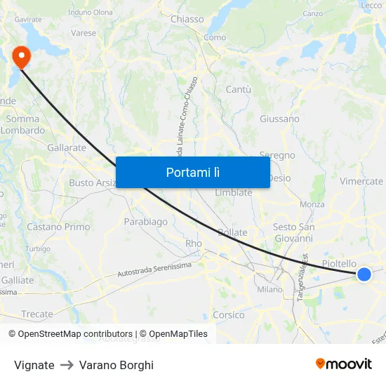 Vignate to Varano Borghi map