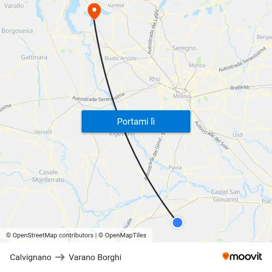 Calvignano to Varano Borghi map
