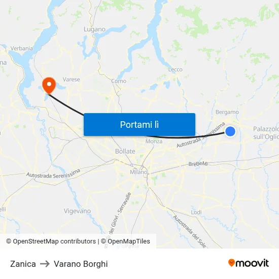 Zanica to Varano Borghi map