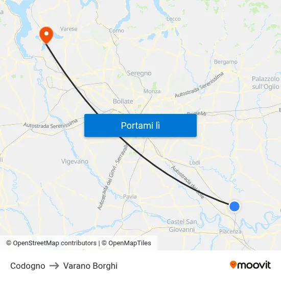 Codogno to Varano Borghi map