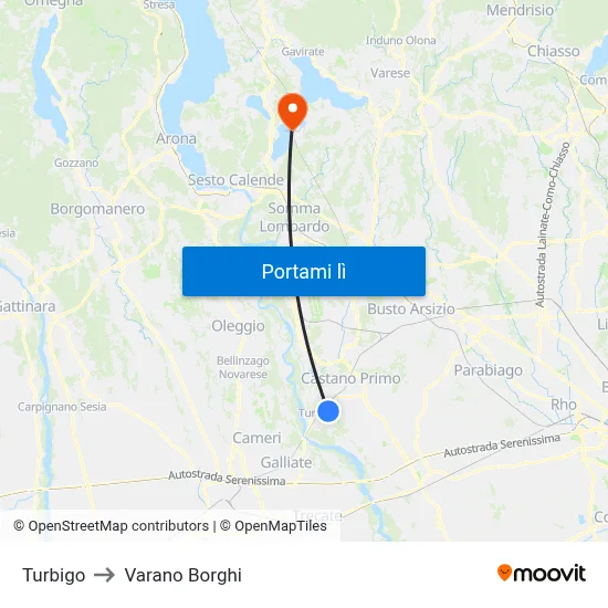 Turbigo to Varano Borghi map