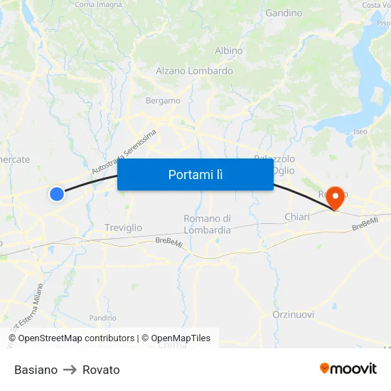 Basiano to Rovato map