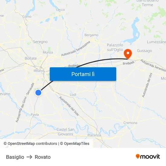 Basiglio to Rovato map