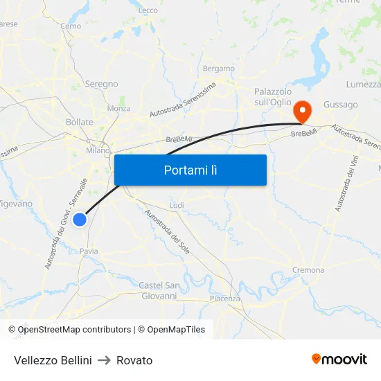 Vellezzo Bellini to Rovato map