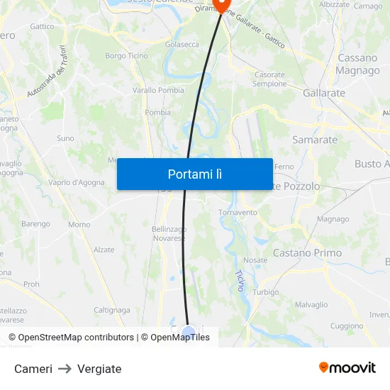 Cameri to Vergiate map