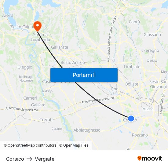 Corsico to Vergiate map