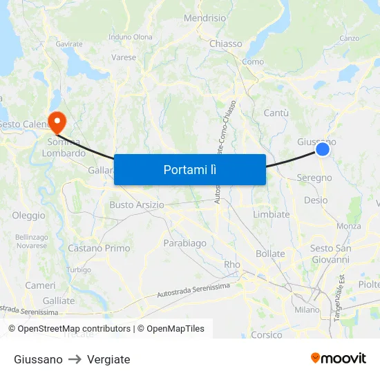 Giussano to Vergiate map