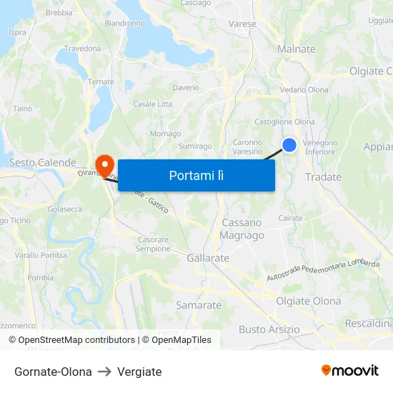 Gornate-Olona to Vergiate map