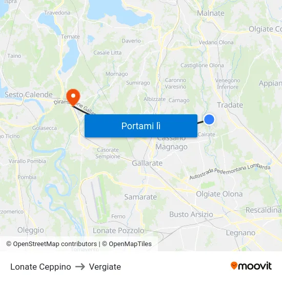 Lonate Ceppino to Vergiate map