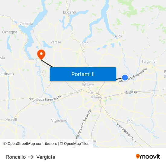 Roncello to Vergiate map