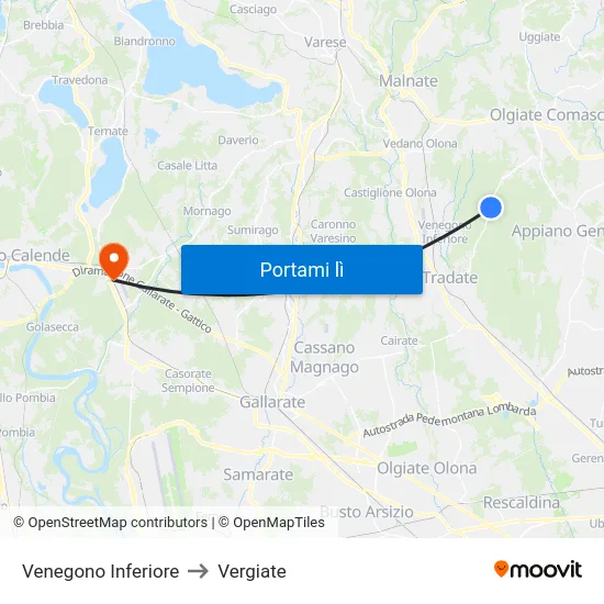 Venegono Inferiore to Vergiate map