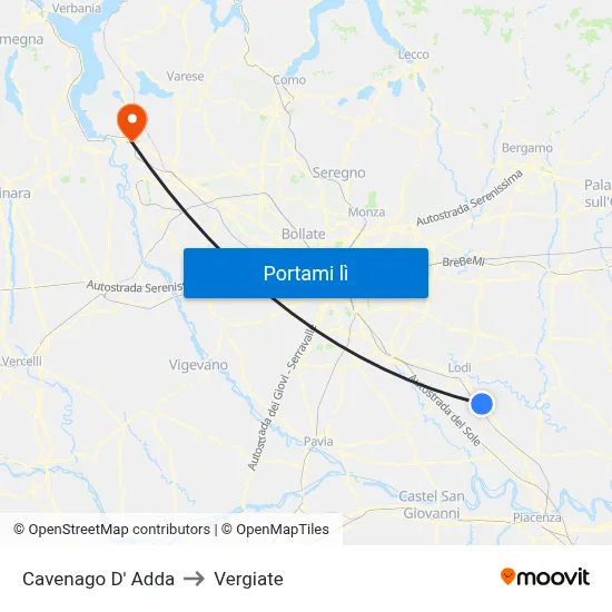 Cavenago D' Adda to Vergiate map