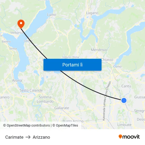 Carimate to Arizzano map