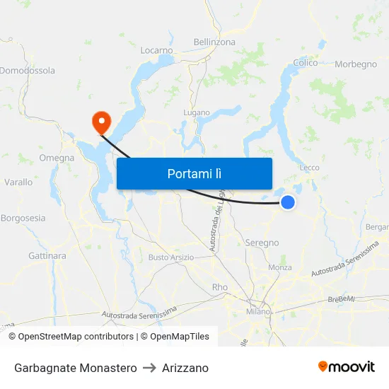 Garbagnate Monastero to Arizzano map