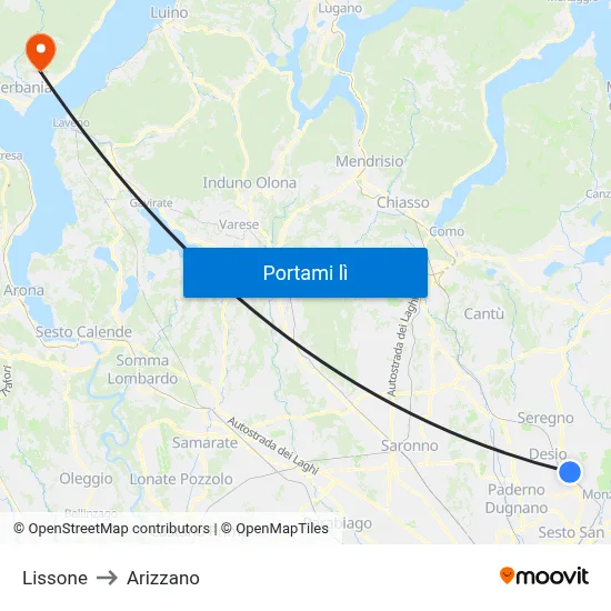 Lissone to Arizzano map