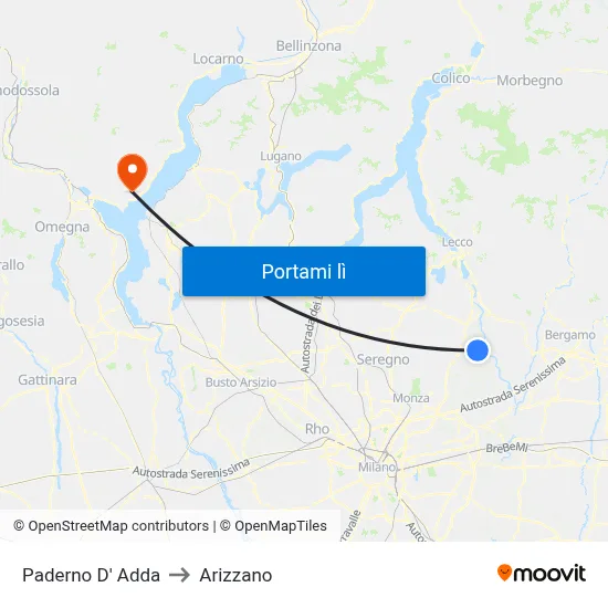 Paderno D' Adda to Arizzano map
