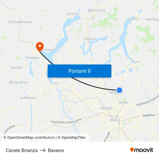 Carate Brianza to Baveno map