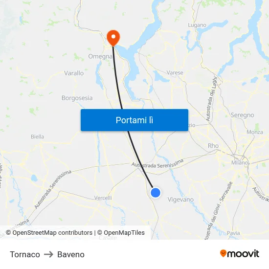 Tornaco to Baveno map