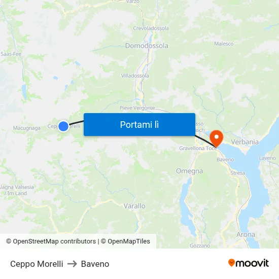 Ceppo Morelli to Baveno map