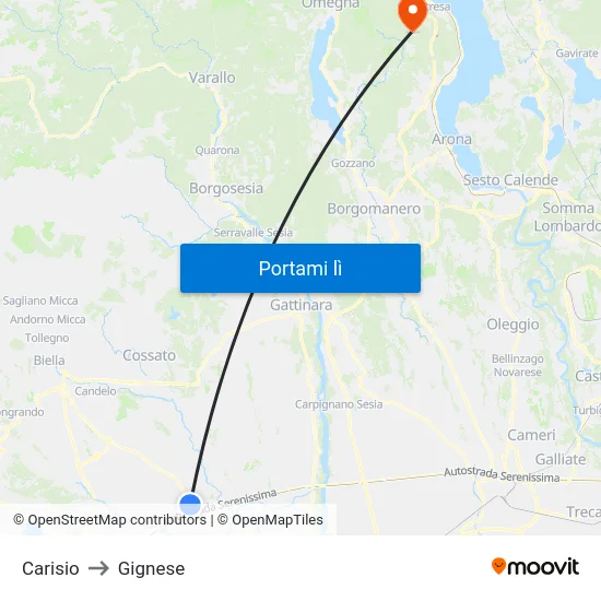 Carisio to Gignese map