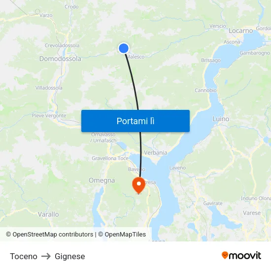 Toceno to Gignese map