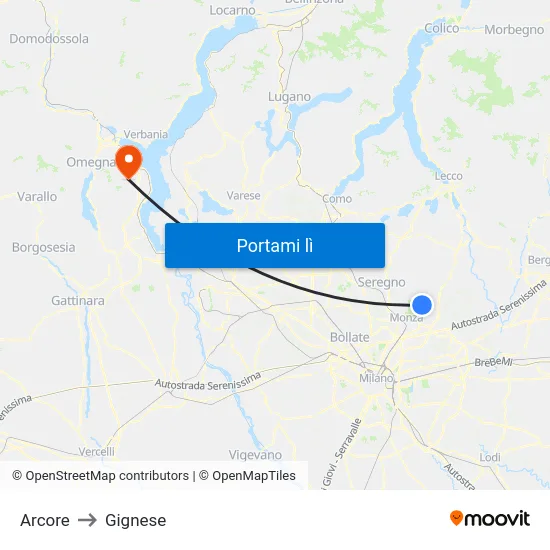 Arcore to Gignese map