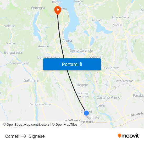 Cameri to Gignese map