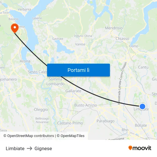 Limbiate to Gignese map
