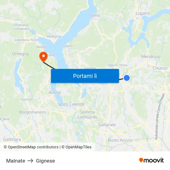 Malnate to Gignese map