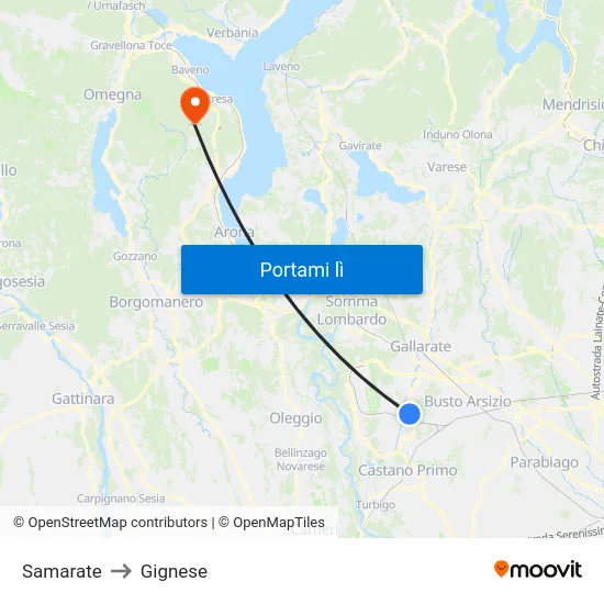 Samarate to Gignese map